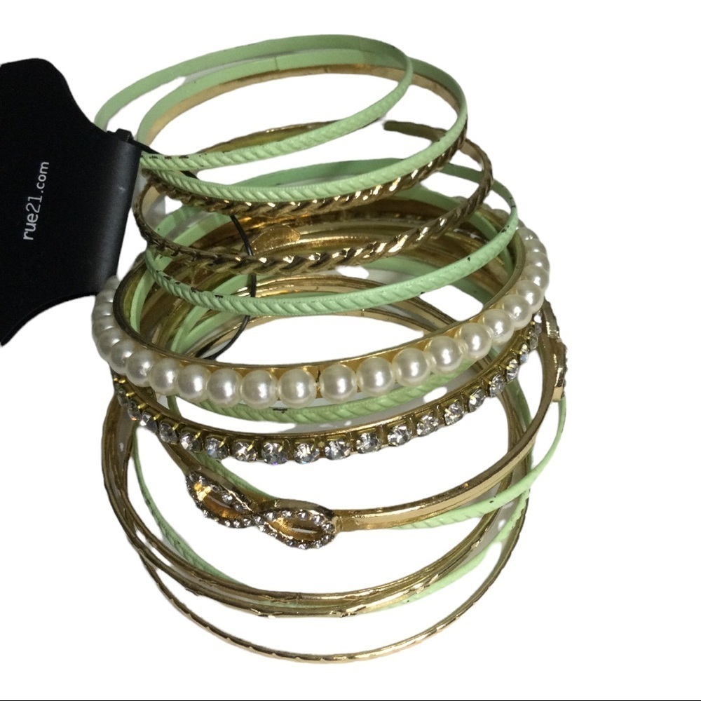 RUE 21 bangle bracelets green pearl and gold